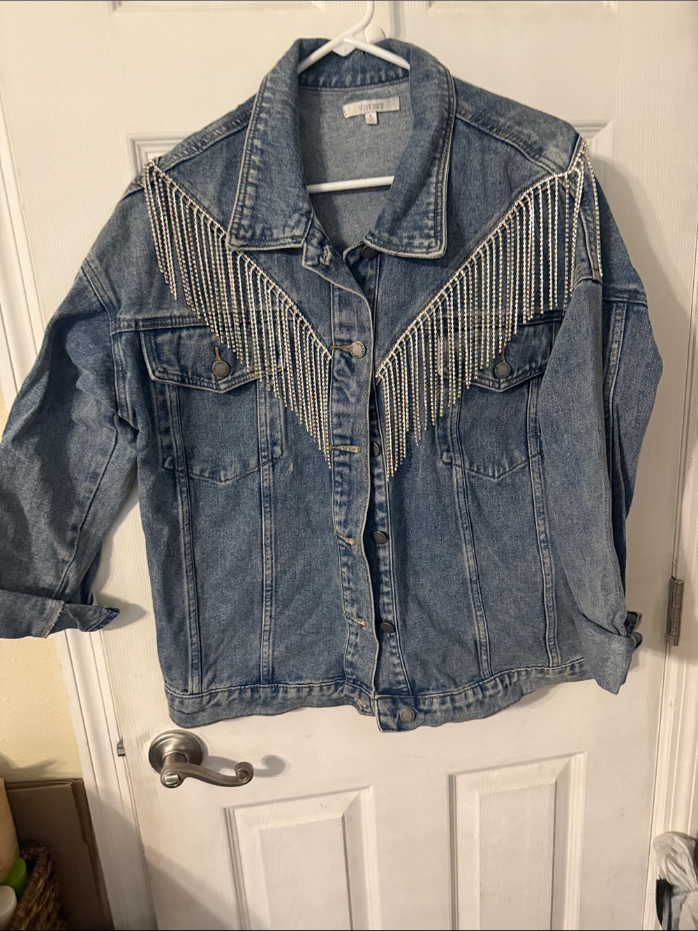 Embellished Blue Denim Jacket with Silver Fringe